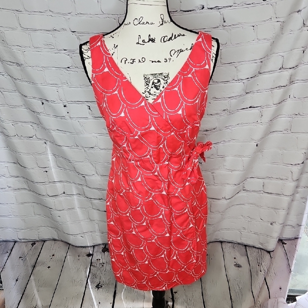 Boden Portofino Linen Cotton Blend Sleeveless Faux Wrap Dress Coral/White Sze 6P